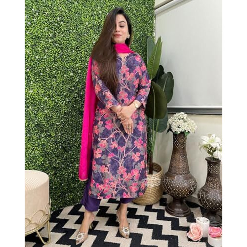 ANNI DESIGNER Women's Cotton Blend Straight Printed Kurta with Pant & Dupatta (Mariyam Blue_M_Blue_Medium)