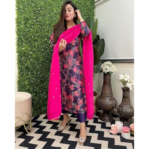 ANNI DESIGNER Women's Cotton Blend Straight Printed Kurta with Pant & Dupatta (Mariyam Blue_M_Blue_Medium)