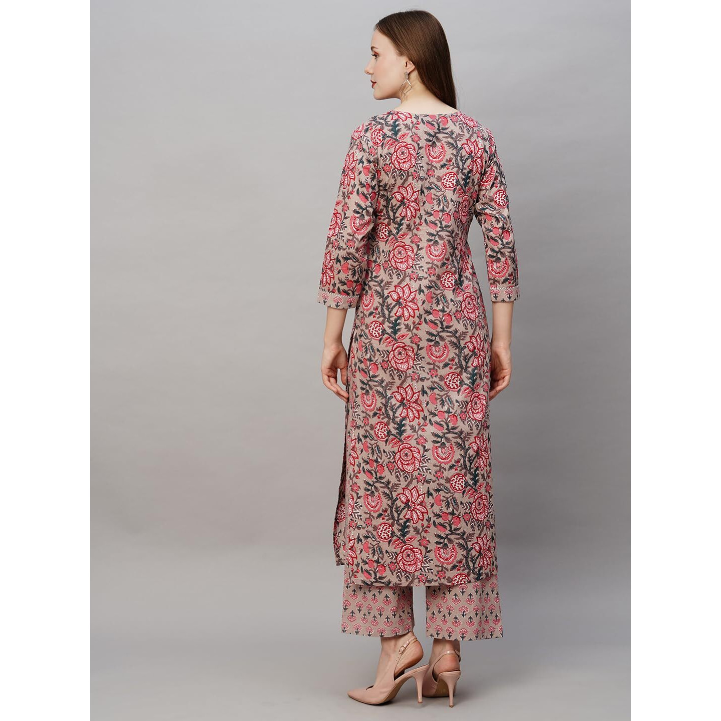 ANNI DESIGNER Women's Cotton Blend Printed Straight Kurta with Pant (Rohila Peach_S_Peach_Small)