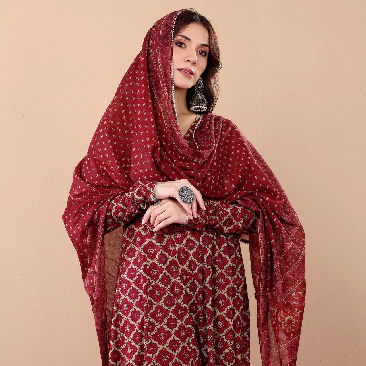 KLOSIA Women Printed Anarkali Kurta and Pant with Dupatta Set (in, Alpha, S, Red)