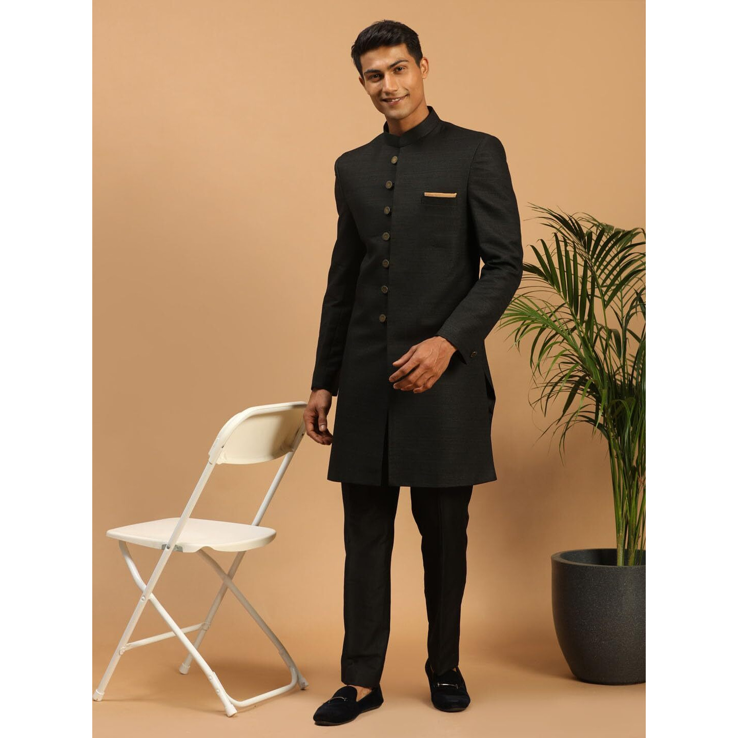 VASTRAMAY Matka Silk Textured Sherwani with Metal Buttons and Pant Style Pyjama for Men  Elegant Ethnic Wear for Weddings & Festivals