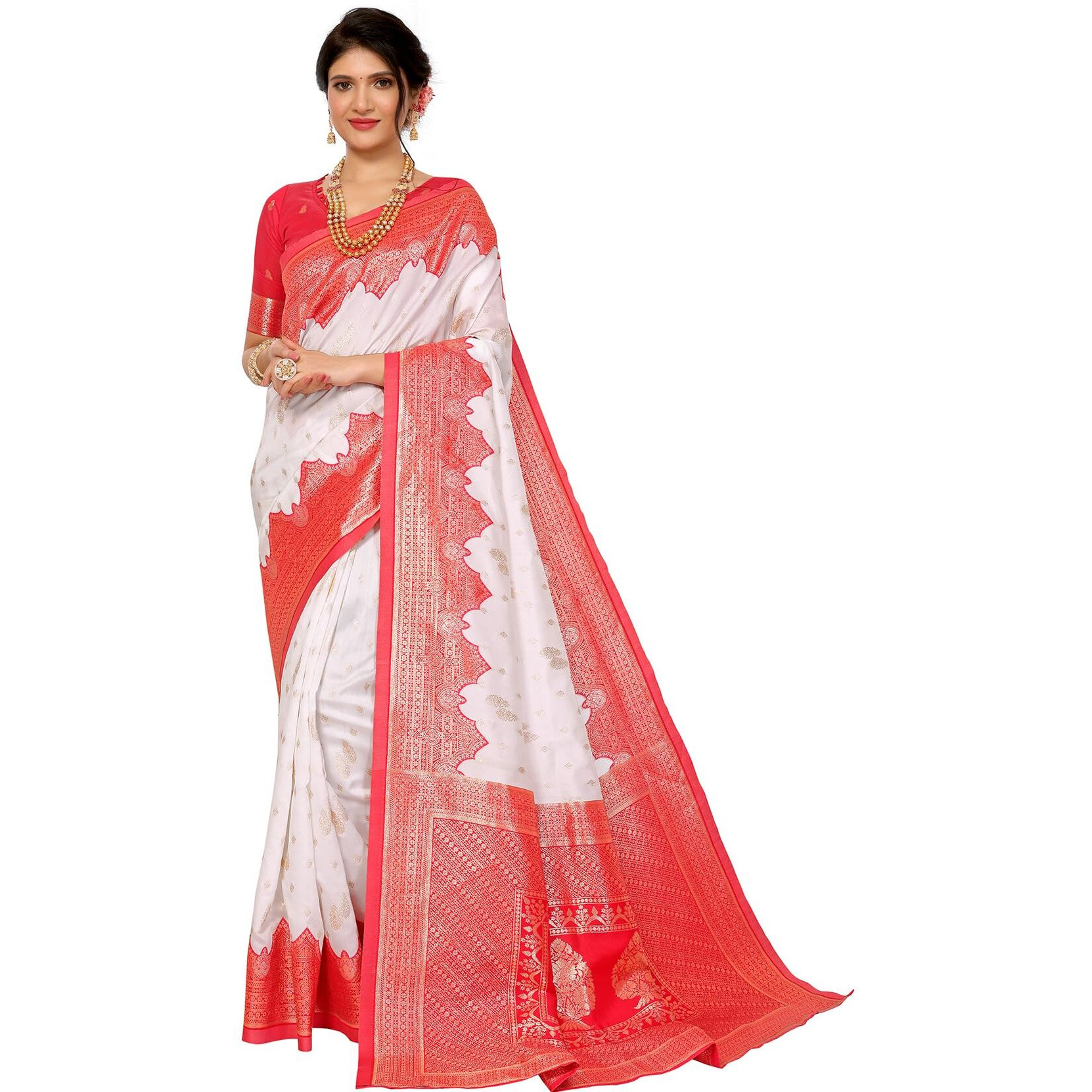 Yashika Women's Plain Temple Print Banarasi Kanjivaram Art Silk Saree Specially for Durga Puja with Unstitched Blouse Material (AZ-YS-P1-TEMPLE New_White)