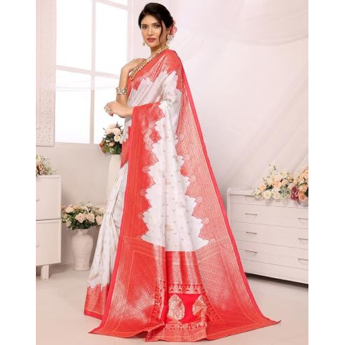 Yashika Women's Plain Temple Print Banarasi Kanjivaram Art Silk Saree Specially for Durga Puja with Unstitched Blouse Material (AZ-YS-P1-TEMPLE New_White)