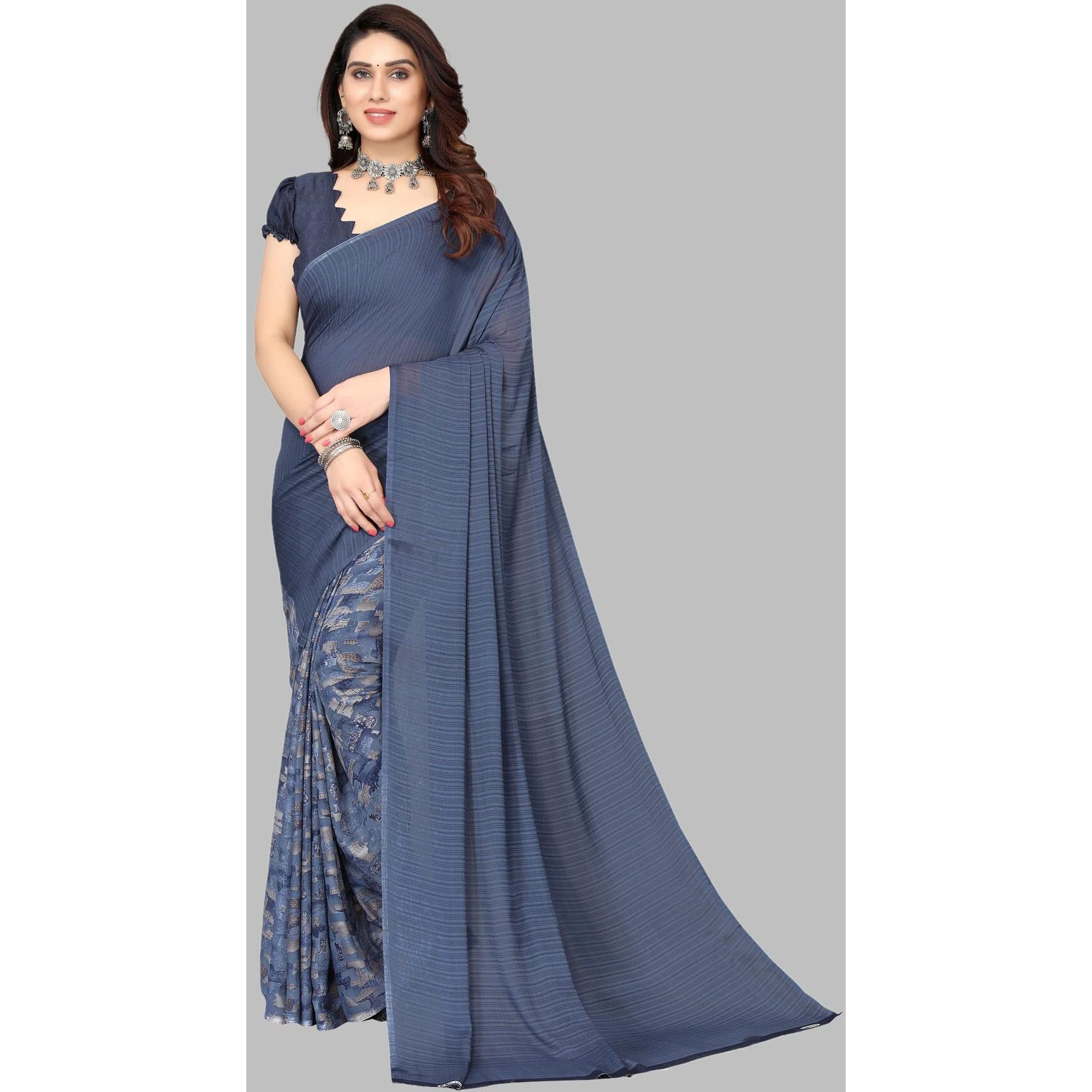 Yashika Women's Jacquard Georgette Standard Length Saree (Half Ink-Apsara White-Zeel Pink_White04)