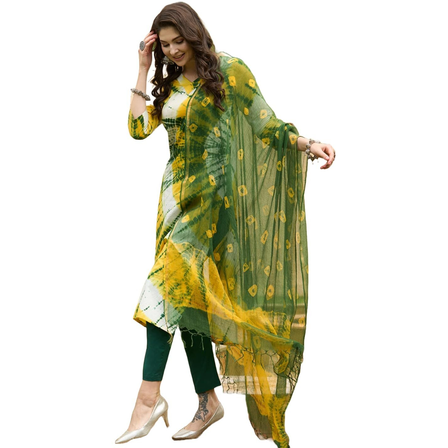 ANNI DESIGNER Women's Cotton Blend Straight Printed Kurta with Pant & Dupatta (Kerul Yellow_L_Yellow_Large)
