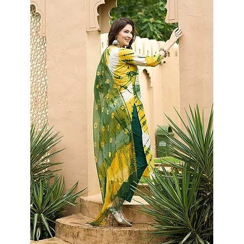 ANNI DESIGNER Women's Cotton Blend Straight Printed Kurta with Pant & Dupatta (Kerul Yellow_L_Yellow_Large)