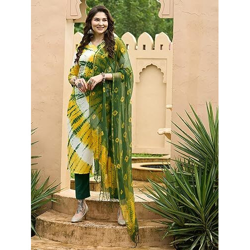 ANNI DESIGNER Women's Cotton Blend Straight Printed Kurta with Pant & Dupatta (Kerul Yellow_L_Yellow_Large)