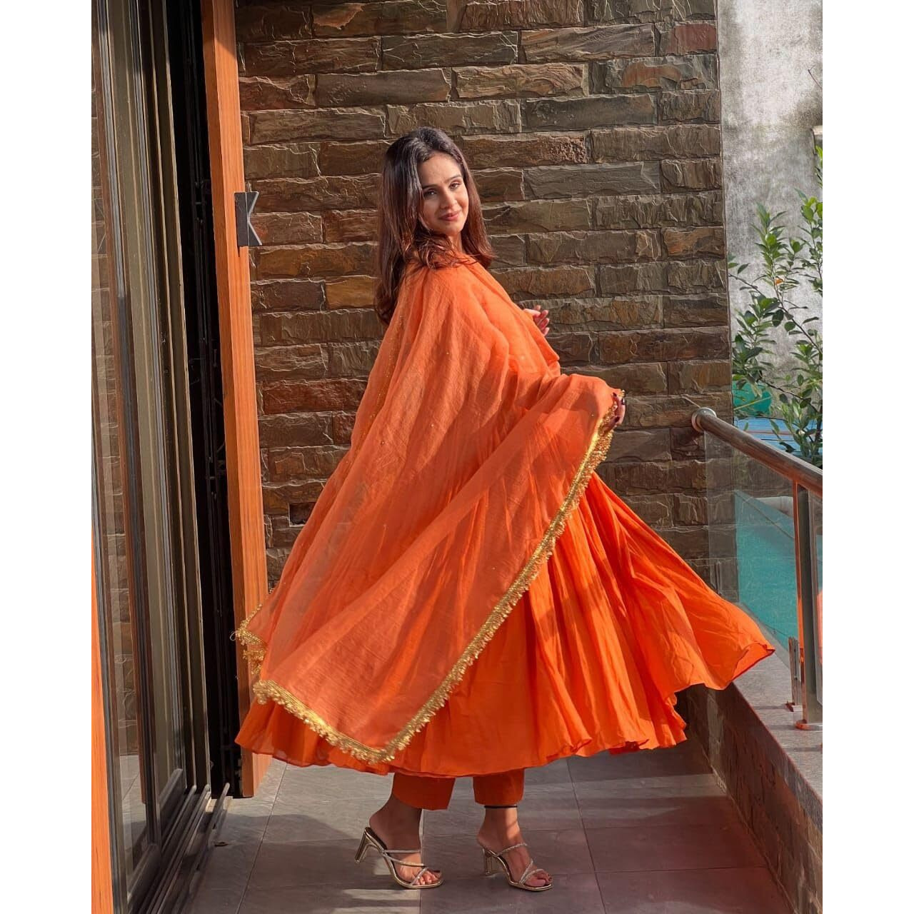 ANNI DESIGNER Women's Rayon Blend Anarkali Solid Kurta with Pant & Dupatta (Garbo Orange_XL_Orange_X-Large)