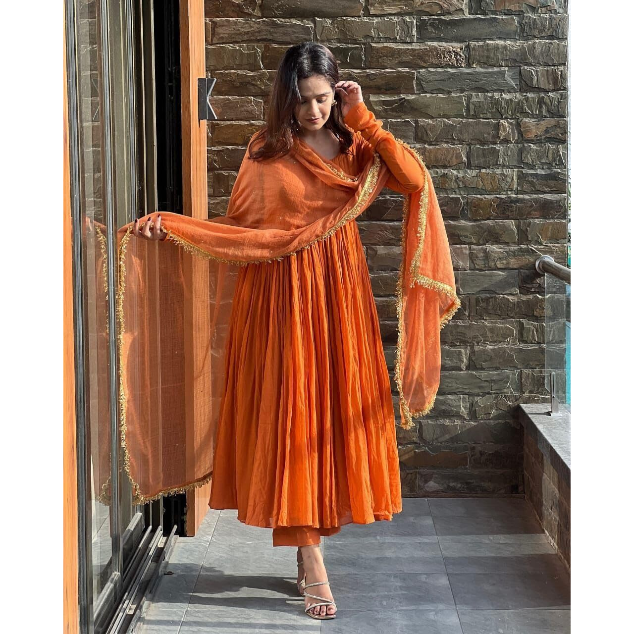 ANNI DESIGNER Women's Rayon Blend Anarkali Solid Kurta with Pant & Dupatta (Garbo Orange_XL_Orange_X-Large)