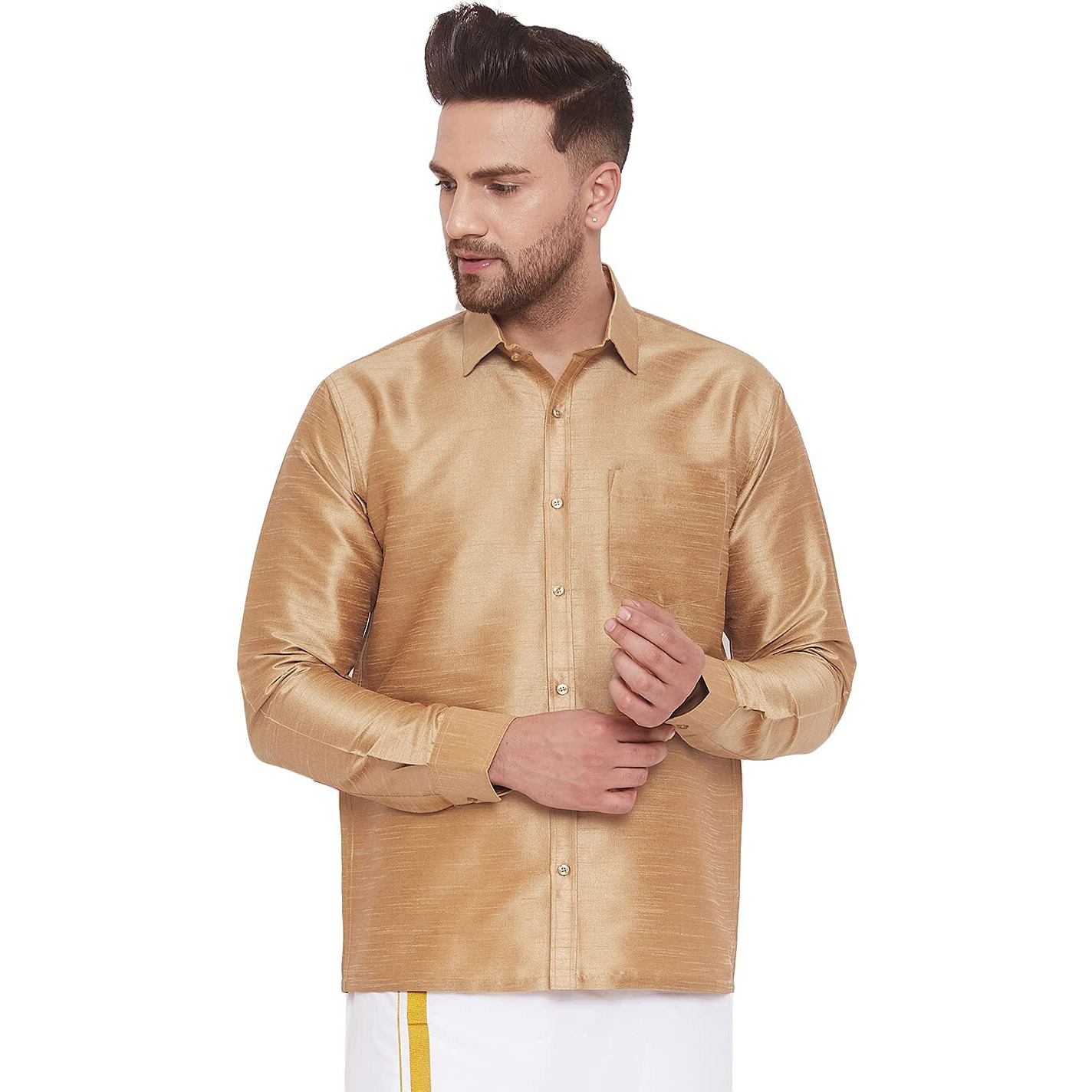 VASTRAMAY Men's Rose Gold Ethnic Silk Blend Shirt Full Sleeves  South Indian Shirt in Rose Gold, For Casual, Formal, Wedding & Festival Wear (S - XL)