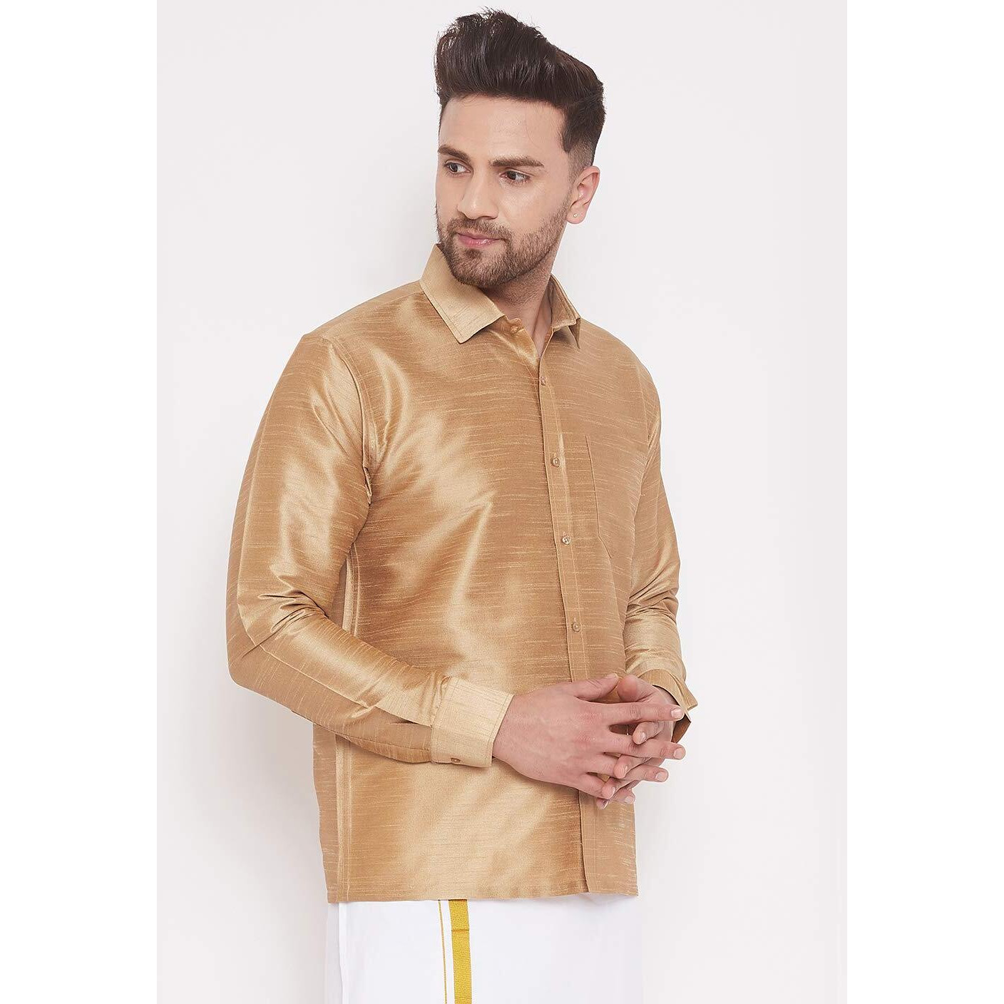 VASTRAMAY Men's Rose Gold Ethnic Silk Blend Shirt Full Sleeves  South Indian Shirt in Rose Gold, For Casual, Formal, Wedding & Festival Wear (S - XL)