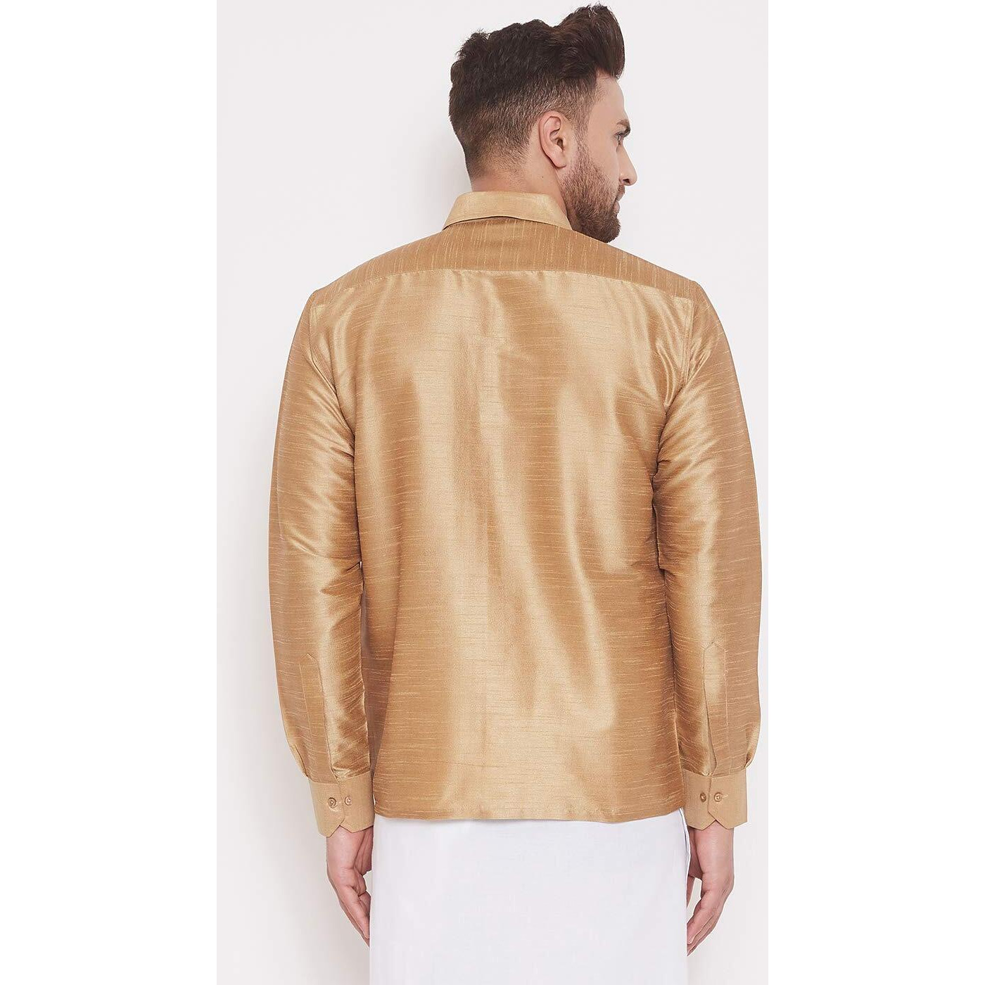 VASTRAMAY Men's Rose Gold Ethnic Silk Blend Shirt Full Sleeves  South Indian Shirt in Rose Gold, For Casual, Formal, Wedding & Festival Wear (S - XL)