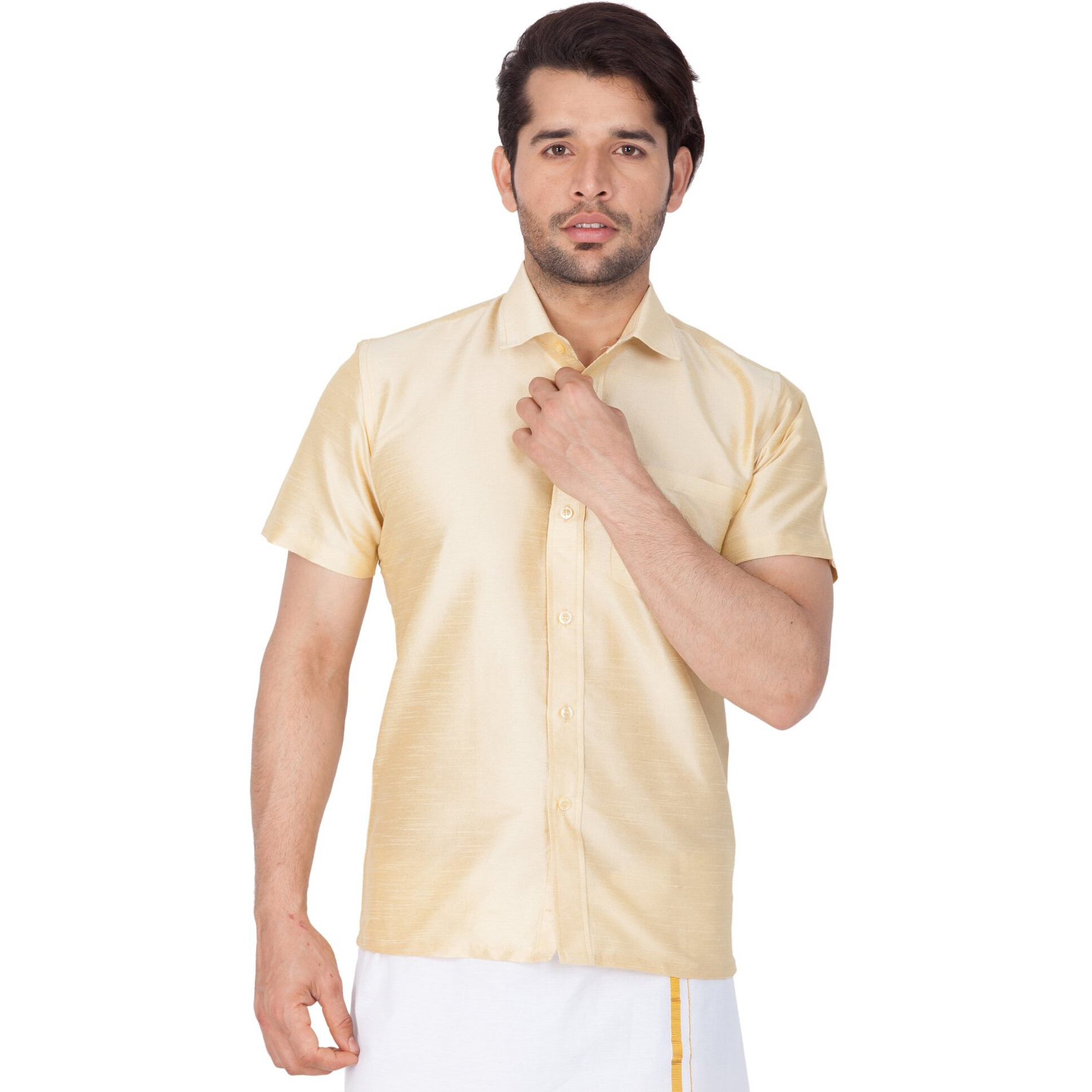 VASTRAMAY VM Mens Silk Blend Gold Shirt - Effortless Style for Everyday Comfort | Ethnic South Indian Silk Shirt Half Sleeves | Modern Designs and Contemporary Fit_VASMSHGO001_38