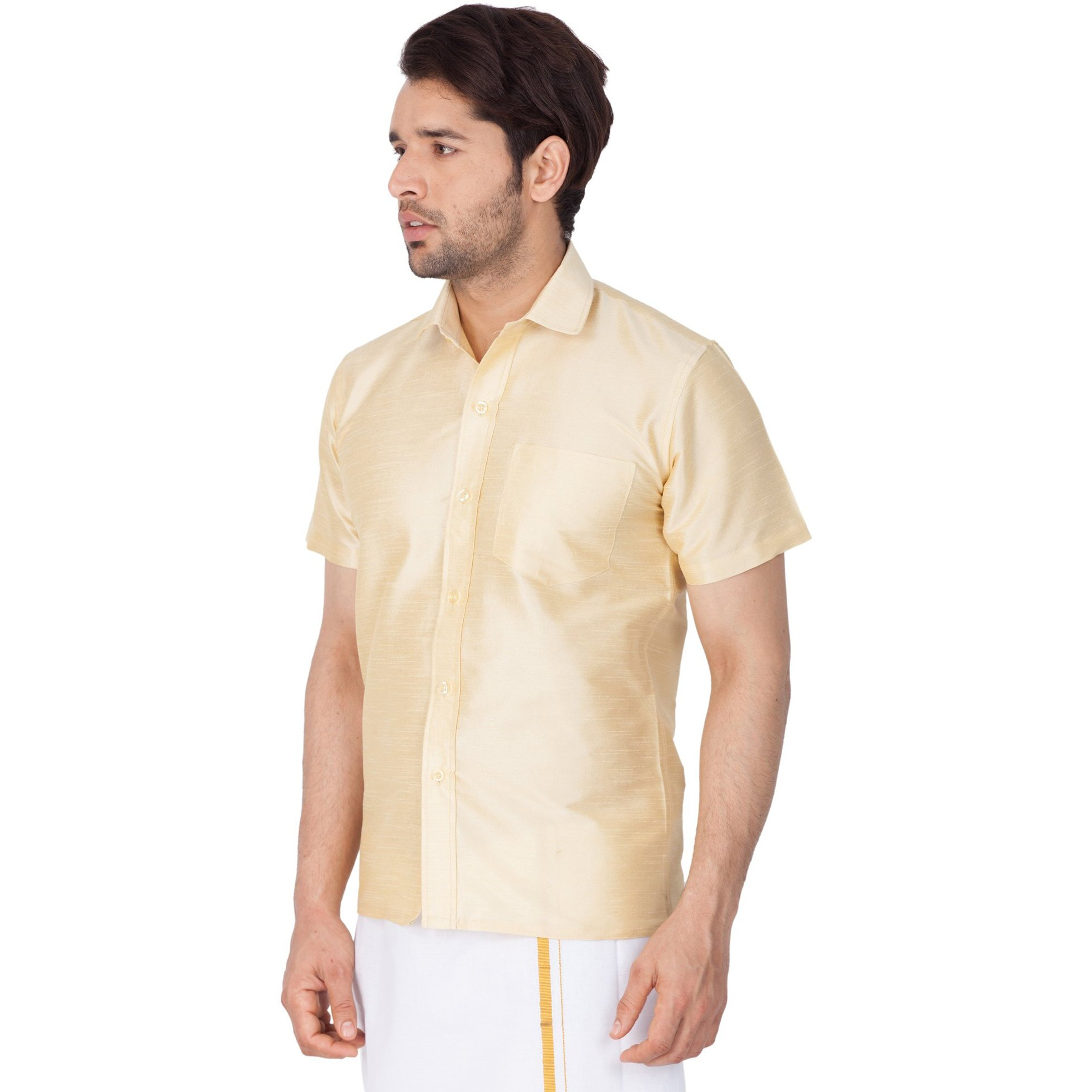 VASTRAMAY VM Mens Silk Blend Gold Shirt - Effortless Style for Everyday Comfort | Ethnic South Indian Silk Shirt Half Sleeves | Modern Designs and Contemporary Fit_VASMSHGO001_38