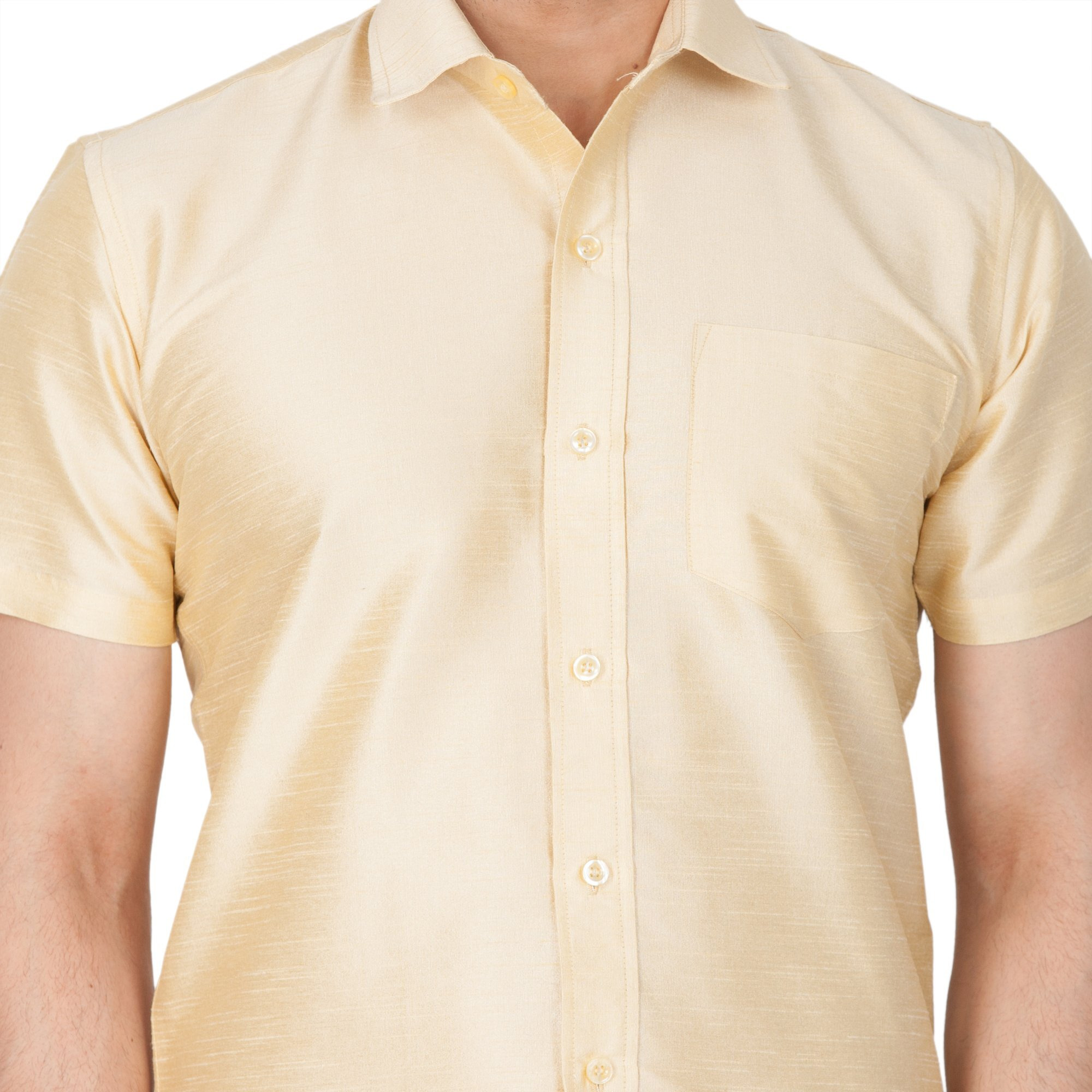 VASTRAMAY VM Mens Silk Blend Gold Shirt - Effortless Style for Everyday Comfort | Ethnic South Indian Silk Shirt Half Sleeves | Modern Designs and Contemporary Fit_VASMSHGO001_38