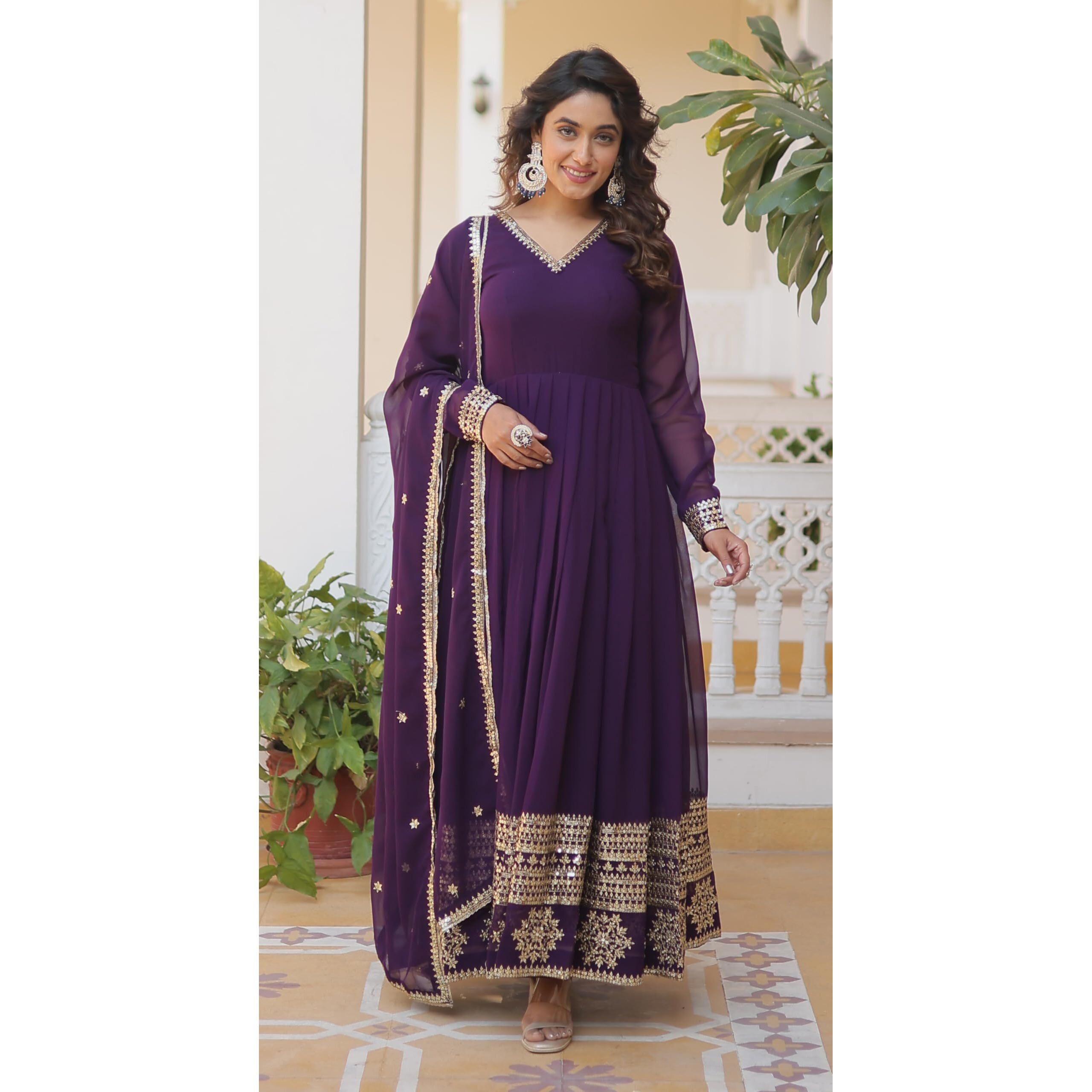 Wedani Faux Georgette Embroidered Anarkali Kurta Set for Womens (in, Alpha, M, Regular, Purple)