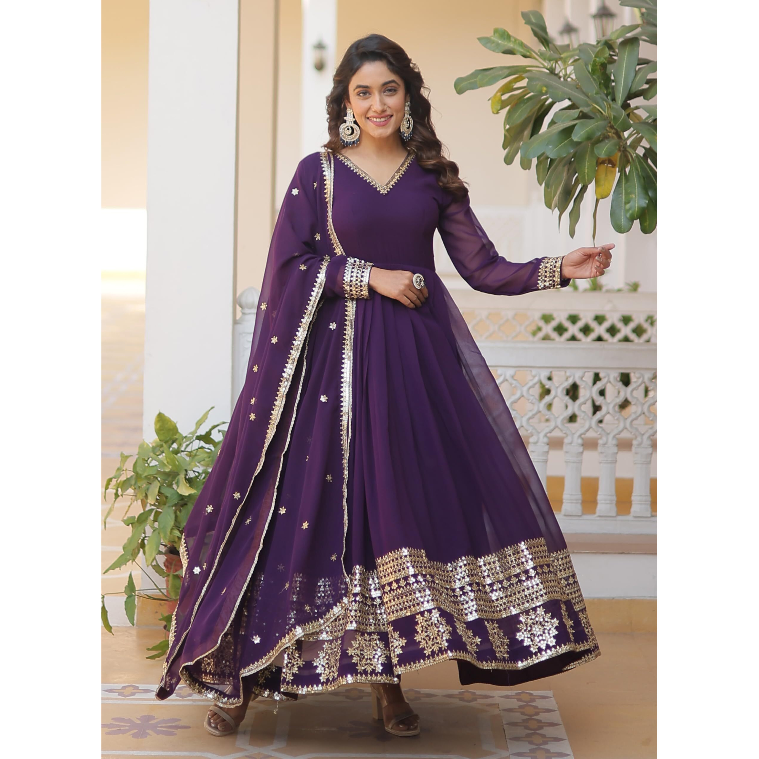 Wedani Faux Georgette Embroidered Anarkali Kurta Set for Womens (in, Alpha, M, Regular, Purple)
