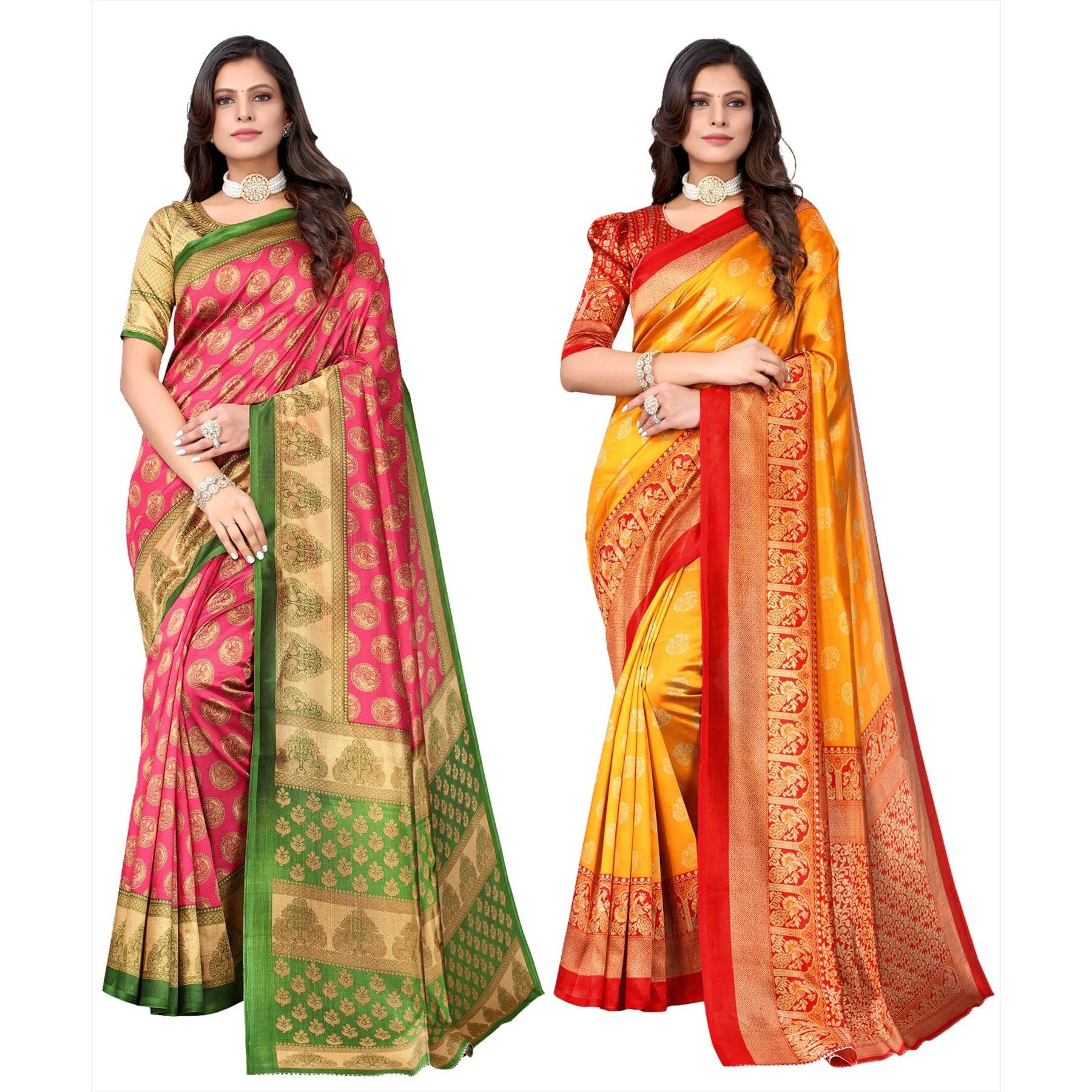Yashika Women's Combo Art Silk Printed Saree With Blouse Piece Pack Of 2(ALIFA PINK-MINALI MUSTARD)