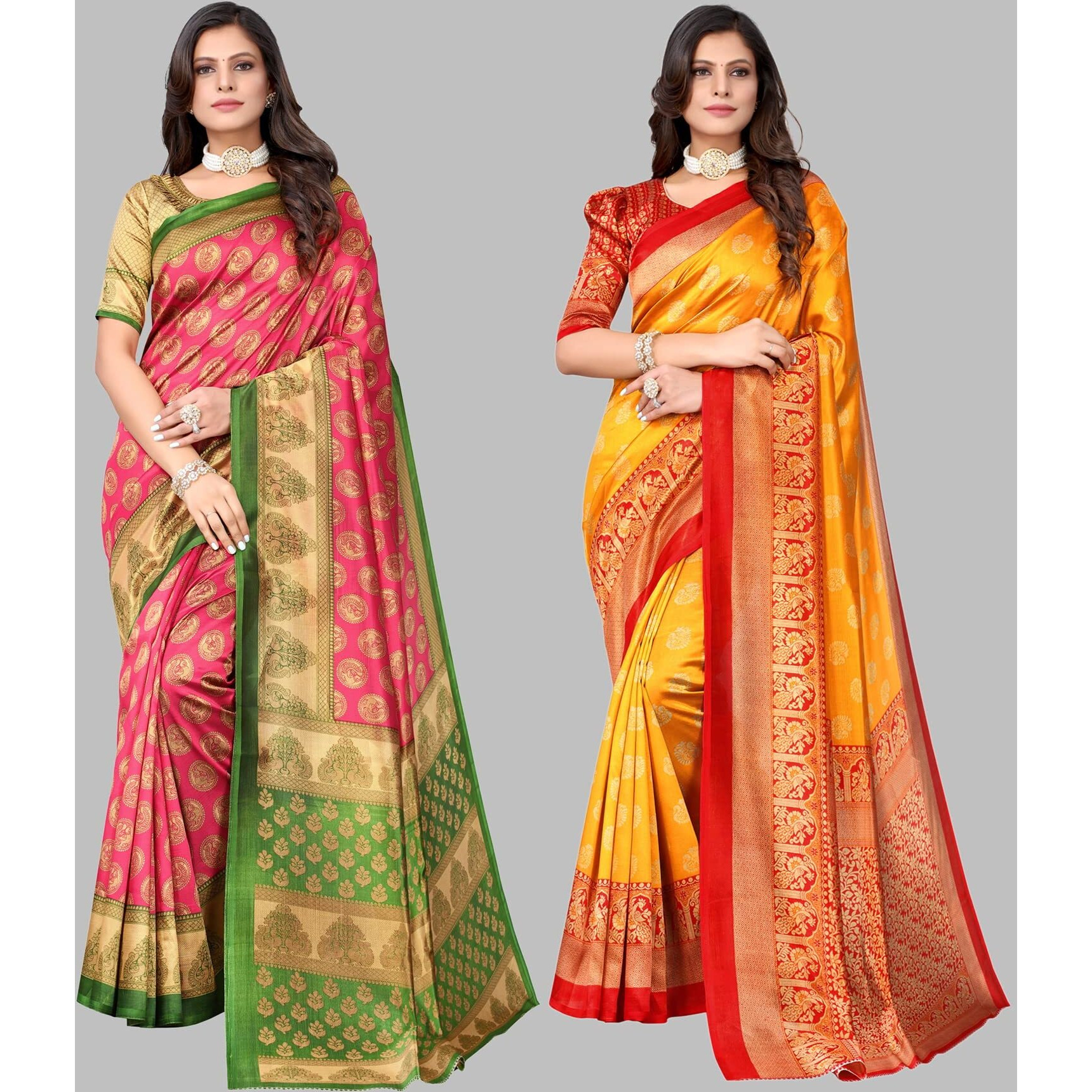 Yashika Women's Combo Art Silk Printed Saree With Blouse Piece Pack Of 2(ALIFA PINK-MINALI MUSTARD)