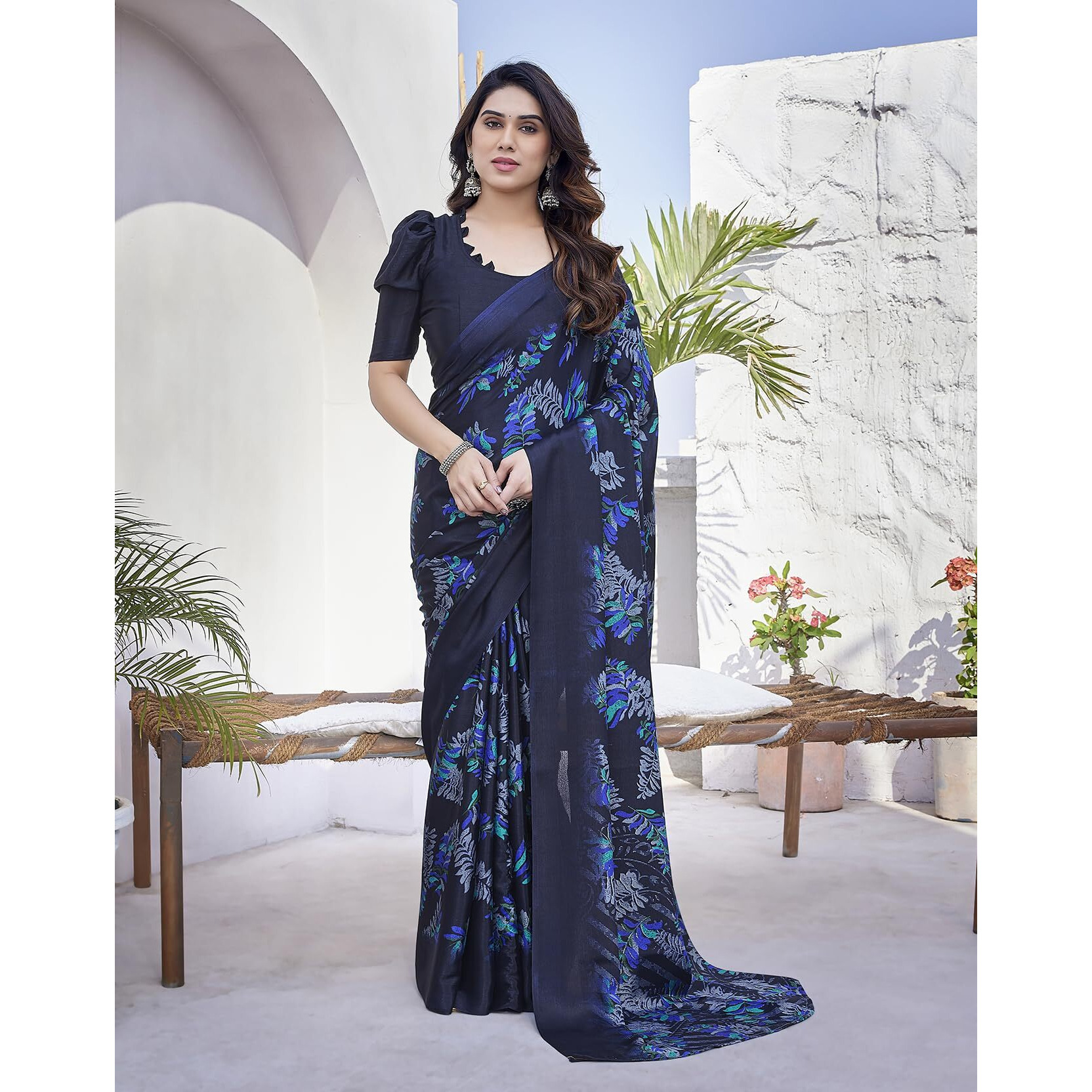 Yashika Women's Elegant Chiffon Saree Set with Matching Blouse - Unveiling Timeless Style and Grace in Every Draped Detail Perfect for Special Occasions (AZ-YS-P1-SHALINI NAVY)