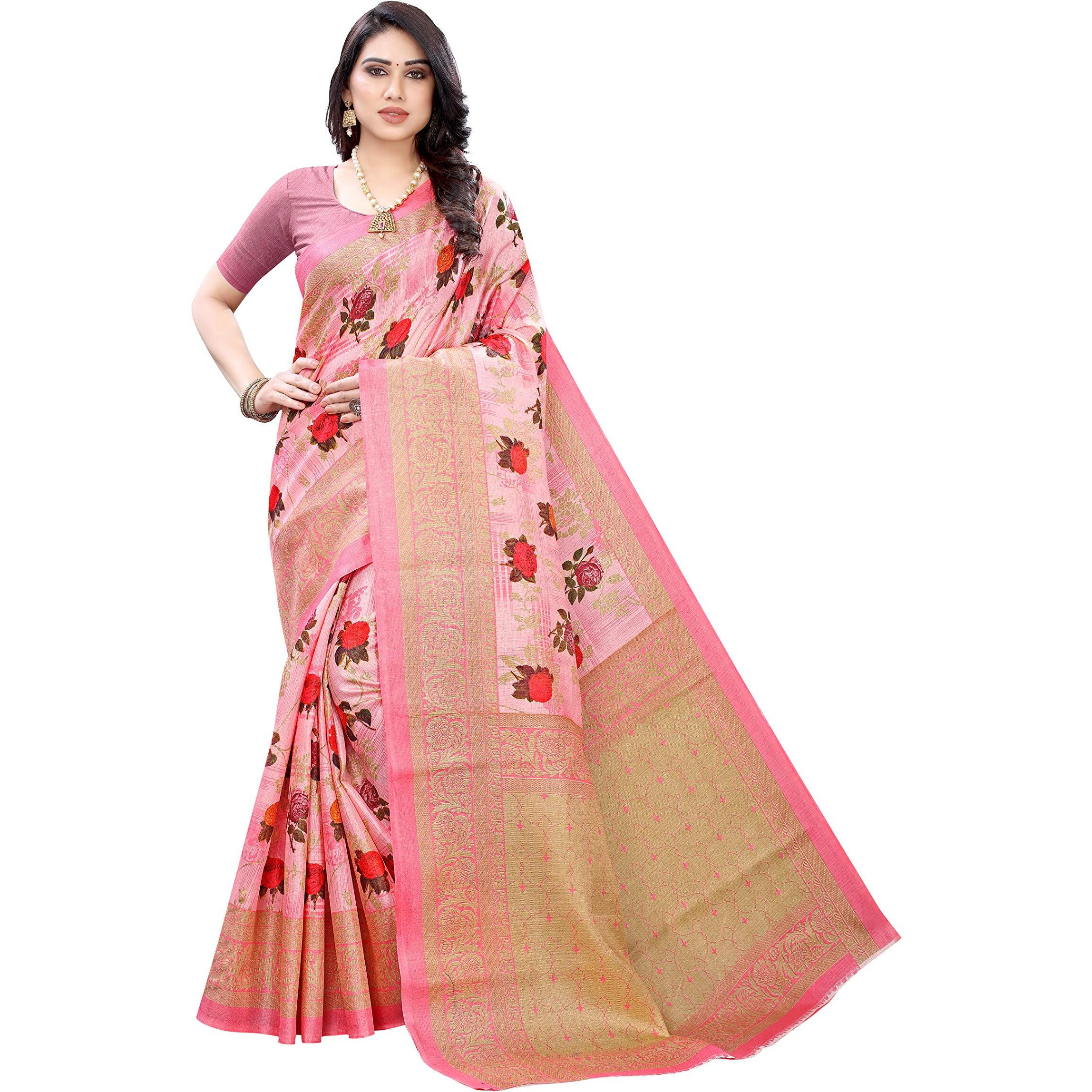 Yashika Women's Art Silk Woven Saree with Blouse Piece (PRITHAVI PINK,Free Size)