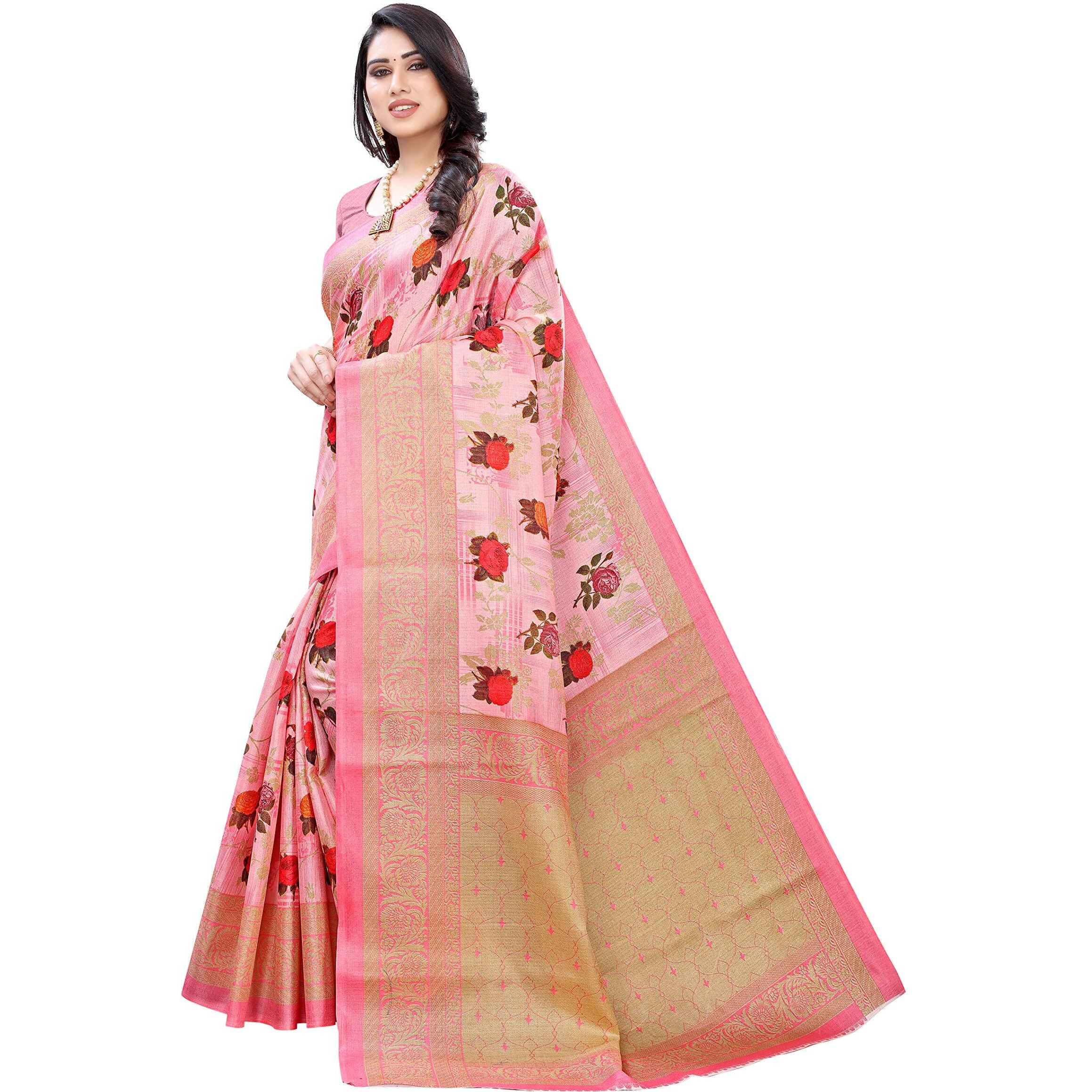 Yashika Women's Art Silk Woven Saree with Blouse Piece (PRITHAVI PINK,Free Size)
