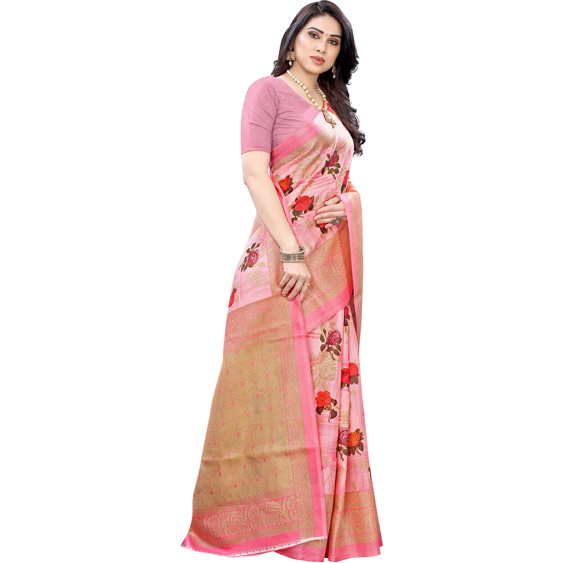 Yashika Women's Art Silk Woven Saree with Blouse Piece (PRITHAVI PINK,Free Size)
