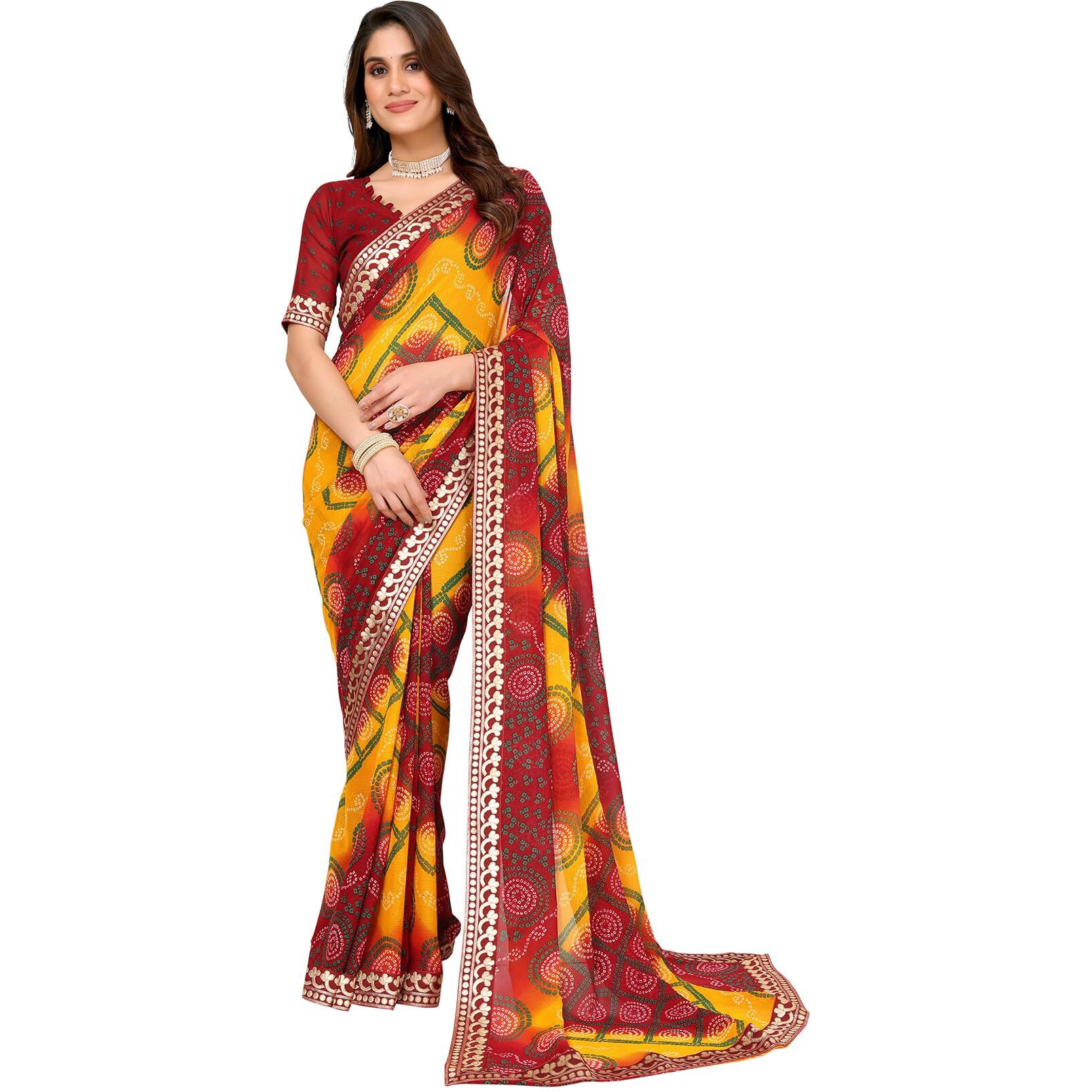 Yashika Women's Woven Latest Georgette Saree with Lace and Blouse Material (AZ-YS-P1-AACHAL-KORAM-Parent_Maroon)