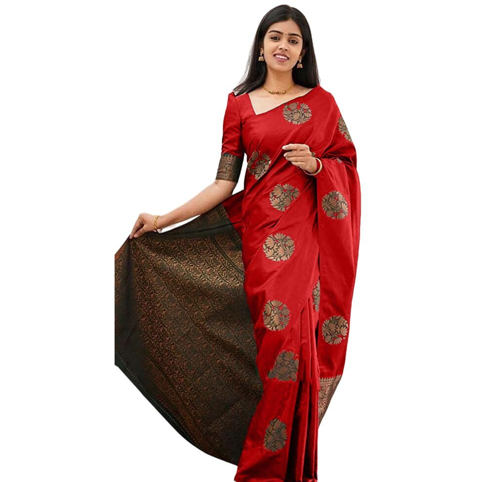 Yashika Women's Trendy Cotton Silk White Color Saree with Blouse Material (Red)