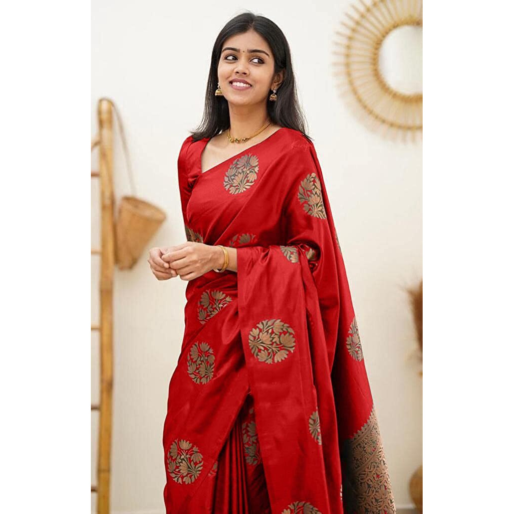 Yashika Women's Trendy Cotton Silk White Color Saree with Blouse Material (Red)