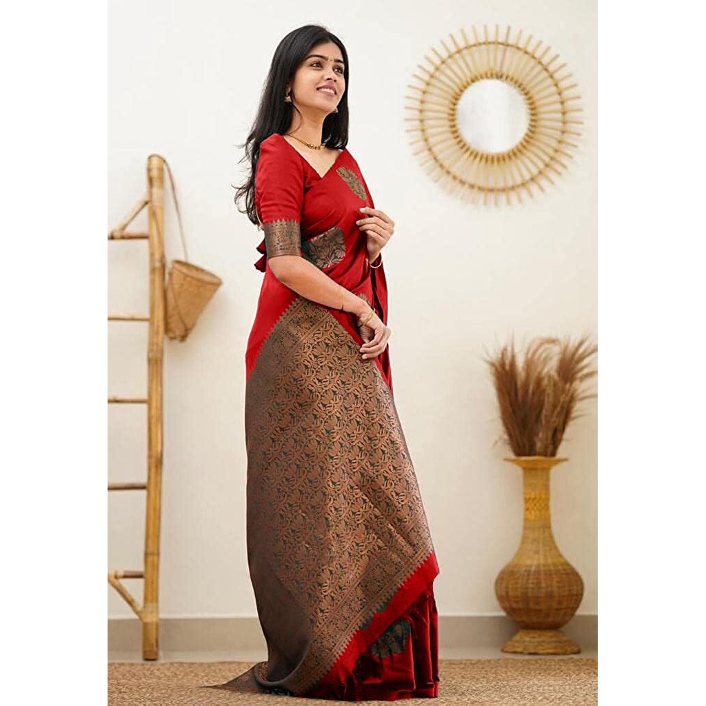 Yashika Women's Trendy Cotton Silk White Color Saree with Blouse Material (Red)