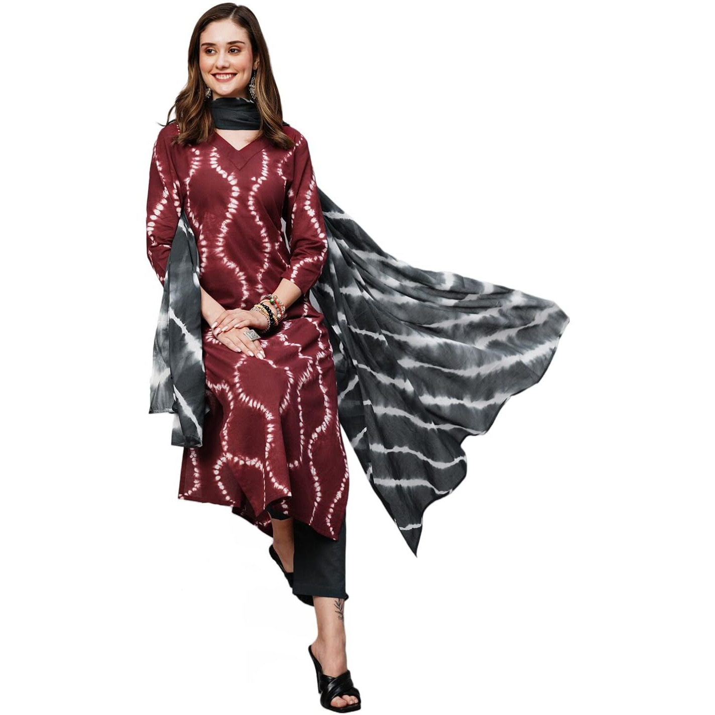 ANNI DESIGNER Women's Cotton Blend Straight Printed Kurta with Pant & Dupatta (Mithila Maroon-NW_L_Maroon_Large)