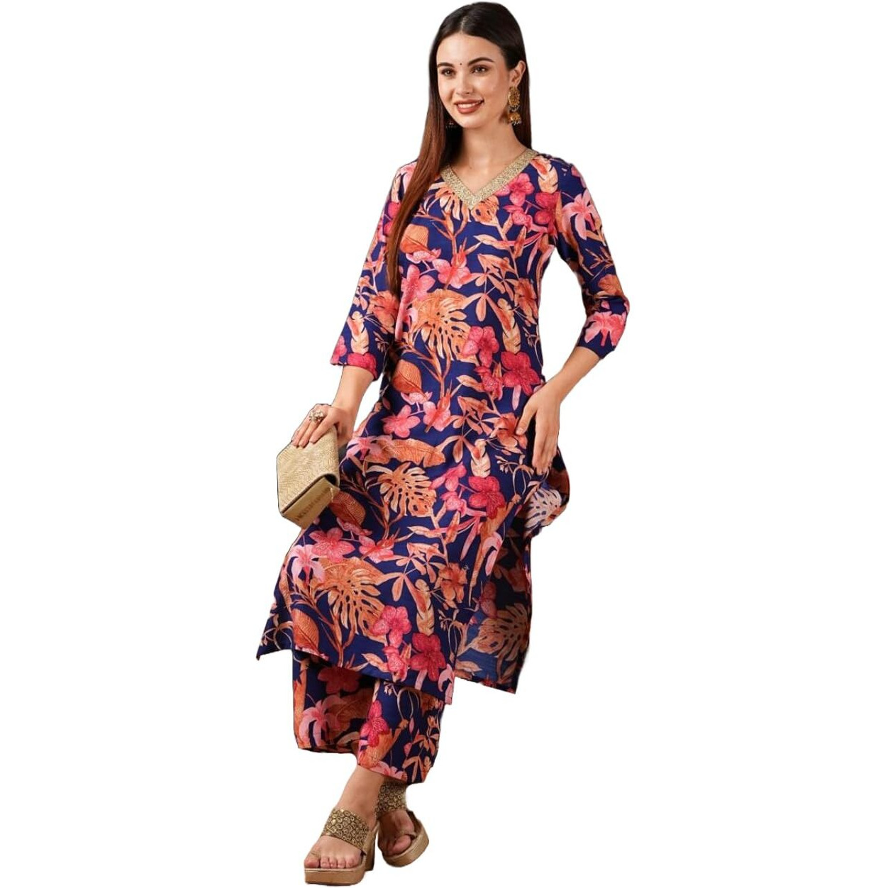 ANNI DESIGNER Women's Cotton Blend Straight Printed Kurta with Palazzo (Chinki Blue_M_Blue_Medium)