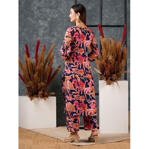 ANNI DESIGNER Women's Cotton Blend Straight Printed Kurta with Palazzo (Chinki Blue_M_Blue_Medium)