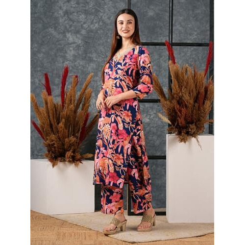 ANNI DESIGNER Women's Cotton Blend Straight Printed Kurta with Palazzo (Chinki Blue_M_Blue_Medium)
