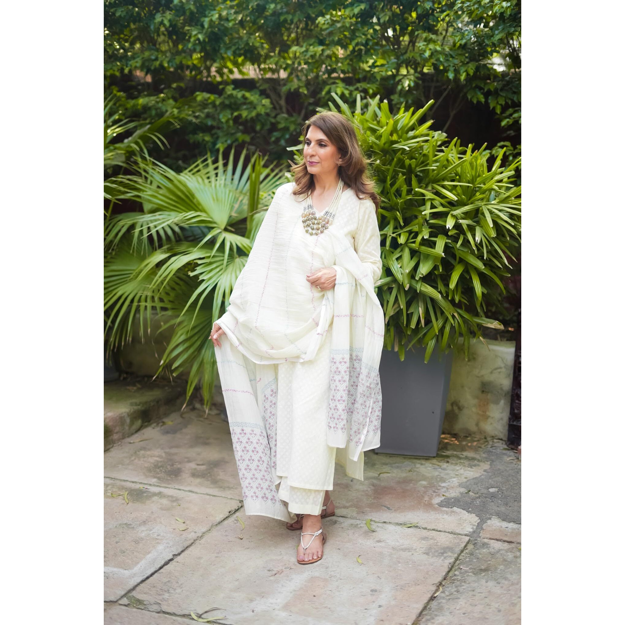 ANNI DESIGNER Women's Rayon Blend Printed Straight Kurta with Pant & Dupatta (Mirai White_M_White_Medium)