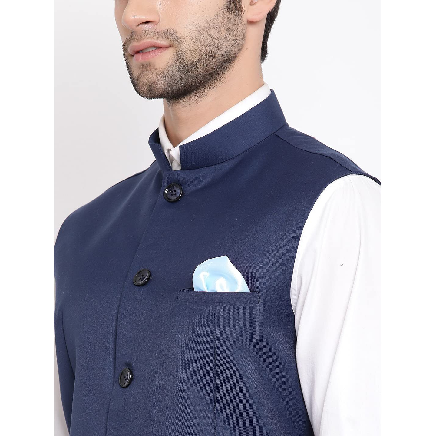 VASTRAMAY Men's Navy Blue Cotton Silk Nehru Jacket  Elegant Festive Wear with Mandarin Collar, Perfect For Ethnic & Festive Occasions, Weddings & Celebrations