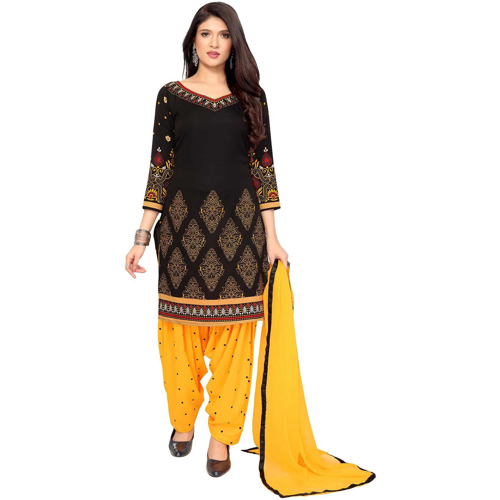 Yashika Women's Printed Dress Material - Unstitched Crepe Fabric Kurti, Pants & Dupatta Set (AZ-YS-P1-HIMANI BLACK), Customizable Length