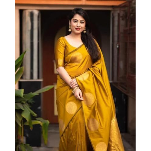 Yashika Women's Banarasi Kanjivaram Cotton Silk Woven Saree with Unstitched Blouse Material (AZ-YS-OG-SRIVALLI YELLOW)