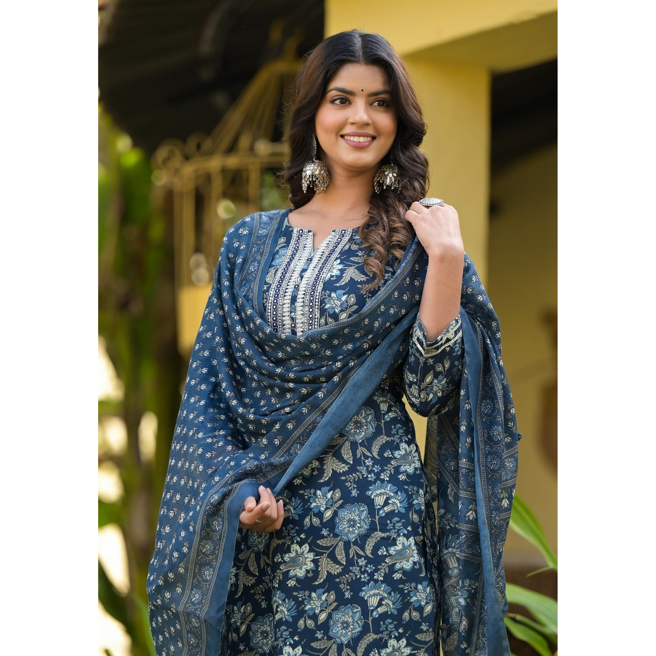 KLOSIA Women Block Printed Anarkali Kurta and Pant Set with Dupatta |Kurta Set for Women |Kurta Set with Dupatta for Women | Embroidery | Suit Set | Ethnic Set | Printed Kurta Set | (Small) Blue