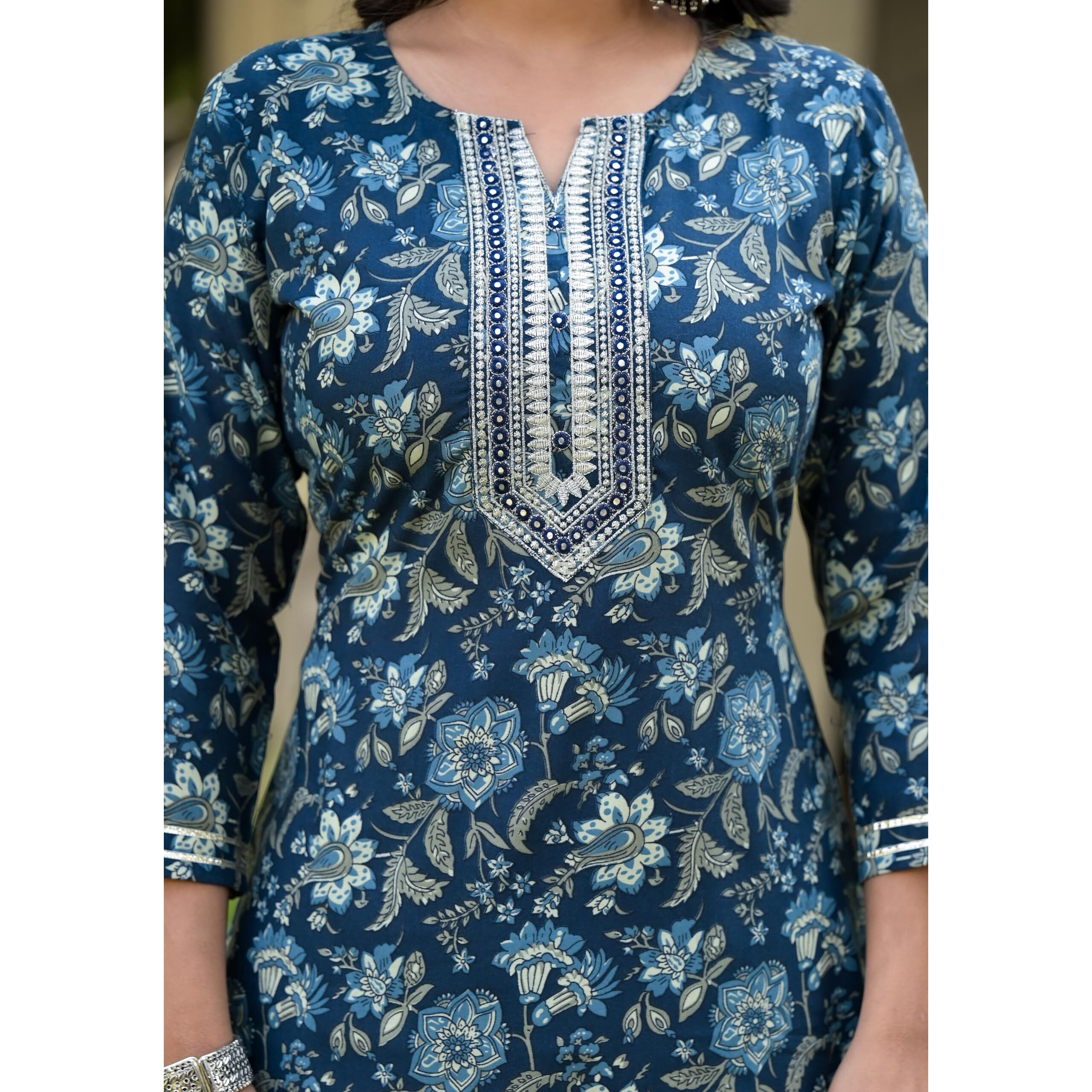 KLOSIA Women Block Printed Anarkali Kurta and Pant Set with Dupatta |Kurta Set for Women |Kurta Set with Dupatta for Women | Embroidery | Suit Set | Ethnic Set | Printed Kurta Set | (Small) Blue
