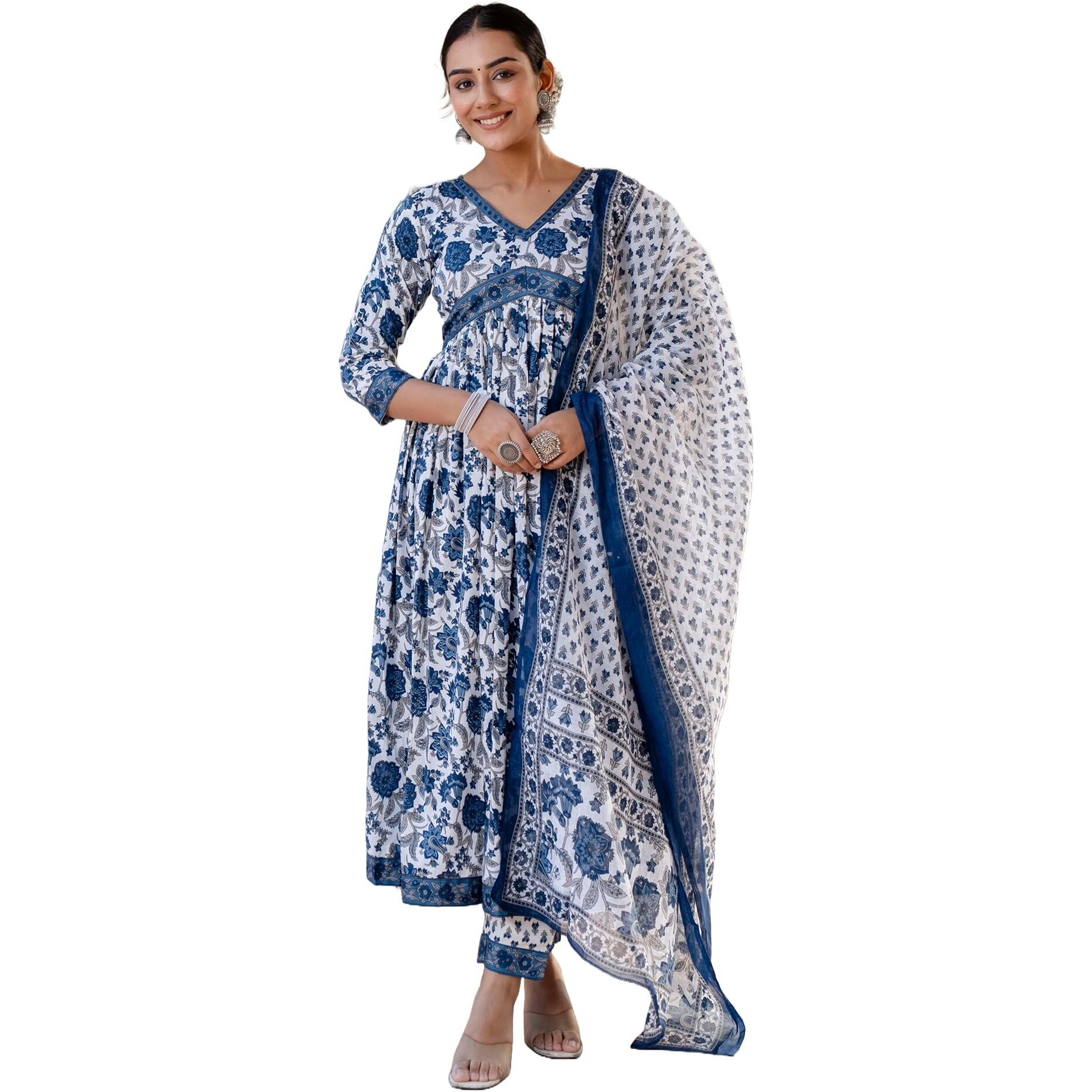 KLOSIA Women Anarkali Kurta and Pant Set with Dupatta (Large) White