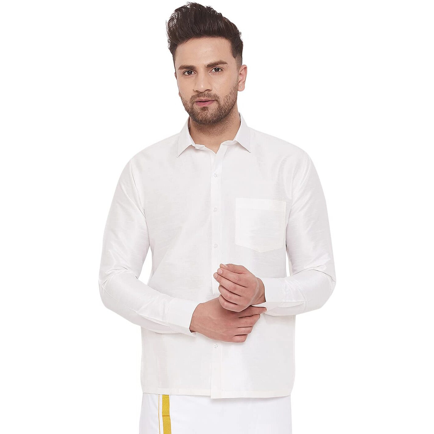 VASTRAMAY Men's White Silk Blend Ethnic Shirt - Full Sleeves South Indian Style, Festive & Casual Wear, Traditional Shirt for Weddings & Occasions
