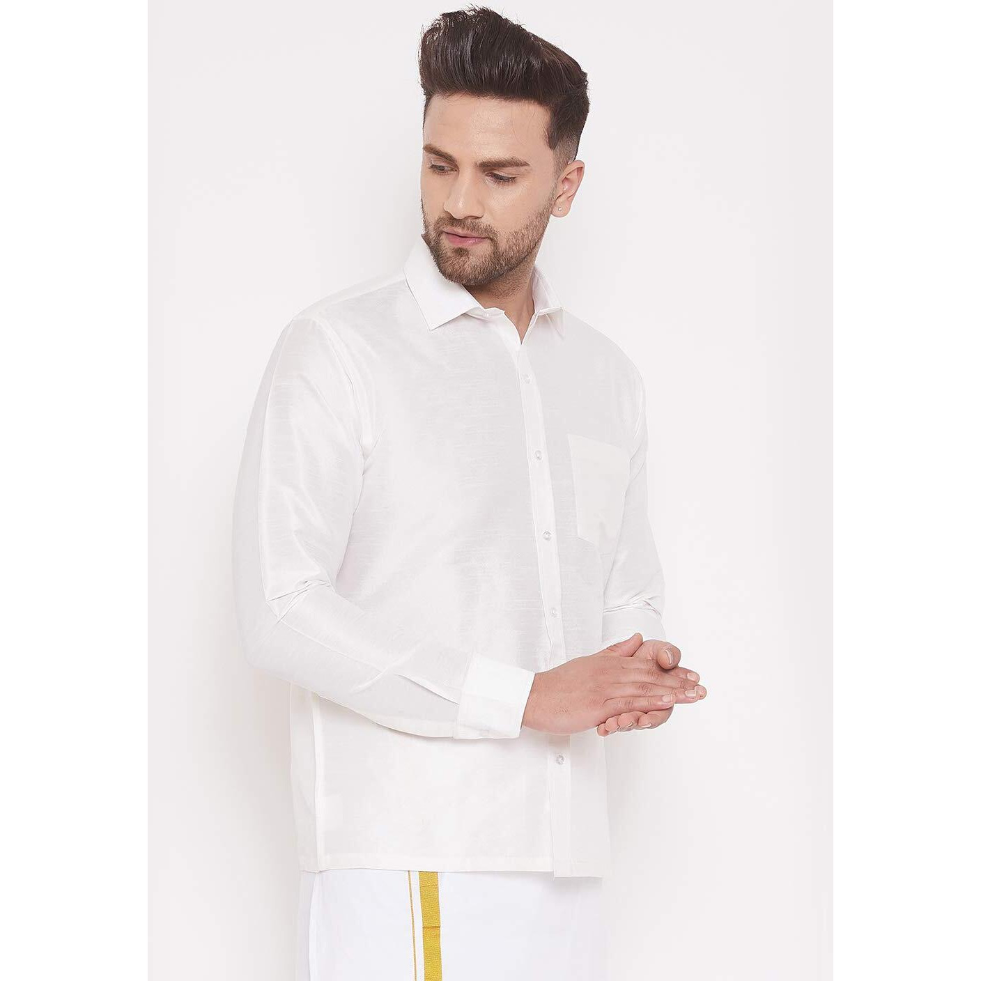 VASTRAMAY Men's White Silk Blend Ethnic Shirt - Full Sleeves South Indian Style, Festive & Casual Wear, Traditional Shirt for Weddings & Occasions