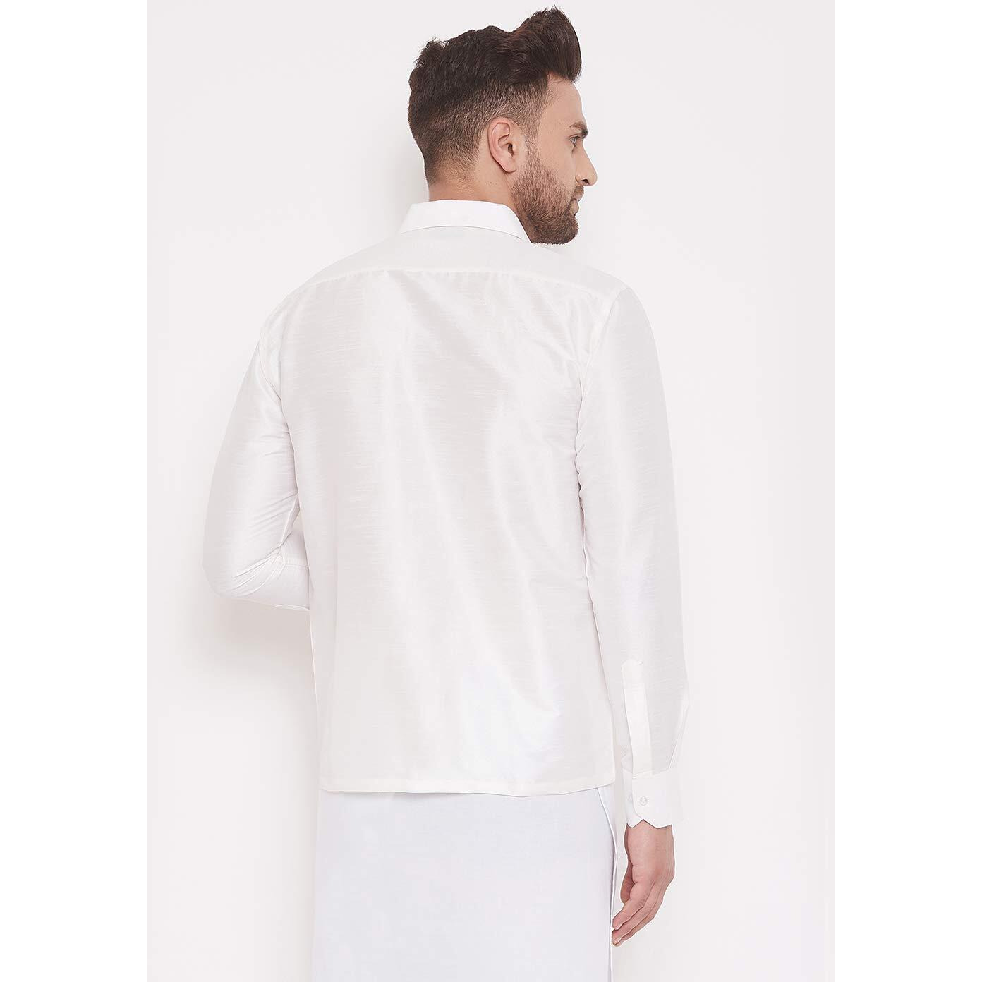 VASTRAMAY Men's White Silk Blend Ethnic Shirt - Full Sleeves South Indian Style, Festive & Casual Wear, Traditional Shirt for Weddings & Occasions