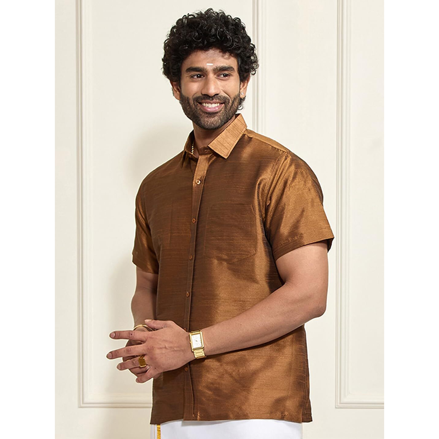 VASTRAMAY Men's Brown Silk Blend Ethnic Shirt, Half Sleeves, South Indian Style, Wedding, Party & Festival Wear (Size S - XL)