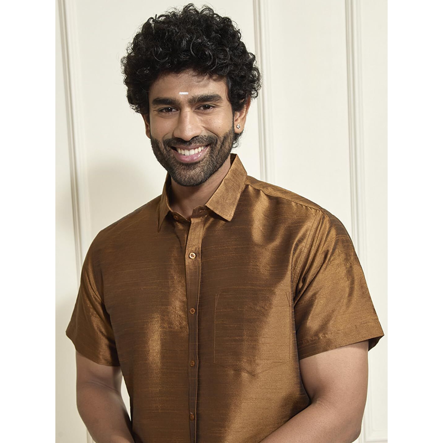 VASTRAMAY Men's Brown Silk Blend Ethnic Shirt, Half Sleeves, South Indian Style, Wedding, Party & Festival Wear (Size S - XL)