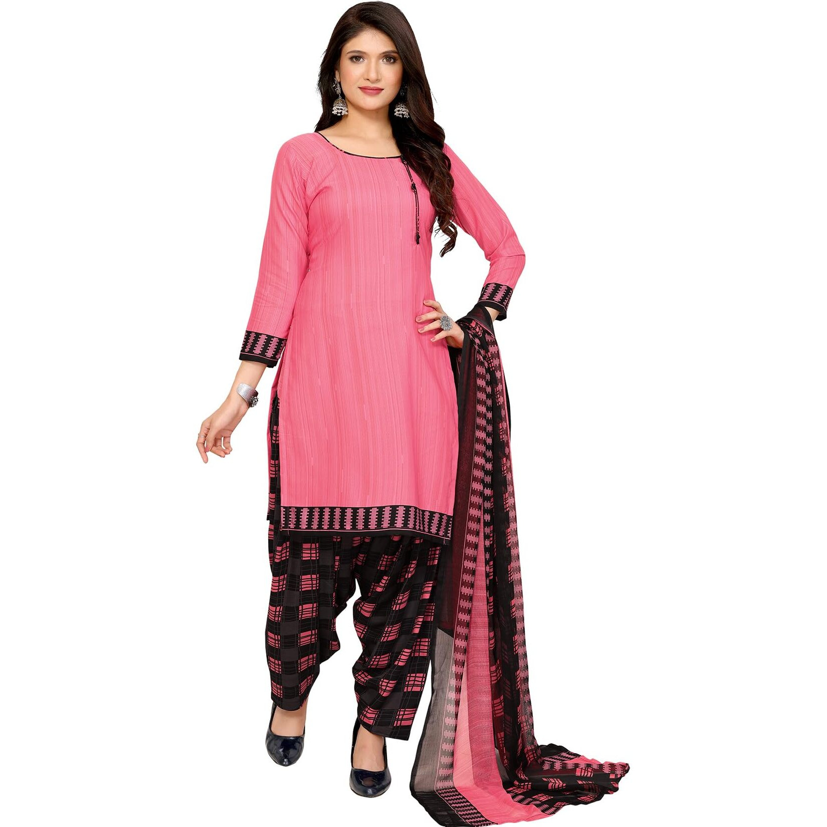 Yashika Women's Printed Dress Material - Unstitched Crepe Fabric Kurti, Pants & Dupatta Set (AZ-YS-P1-NILU PINK), Customizable Length