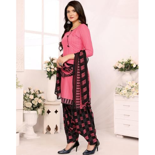Yashika Women's Printed Dress Material - Unstitched Crepe Fabric Kurti, Pants & Dupatta Set (AZ-YS-P1-NILU PINK), Customizable Length