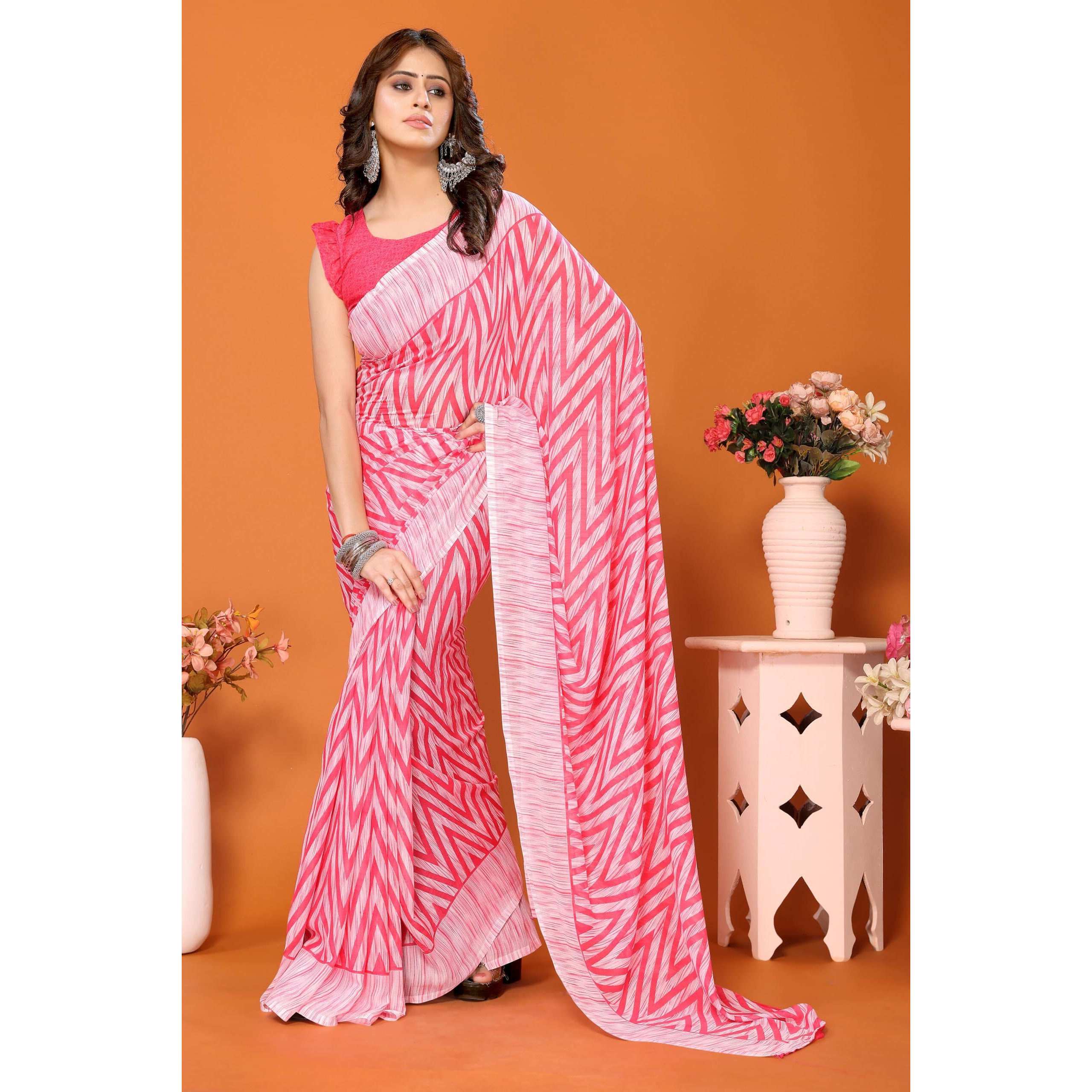 Yashika Women's Trendy Georgette Pink Color Saree with Blouse Material(PAMMI PINK)